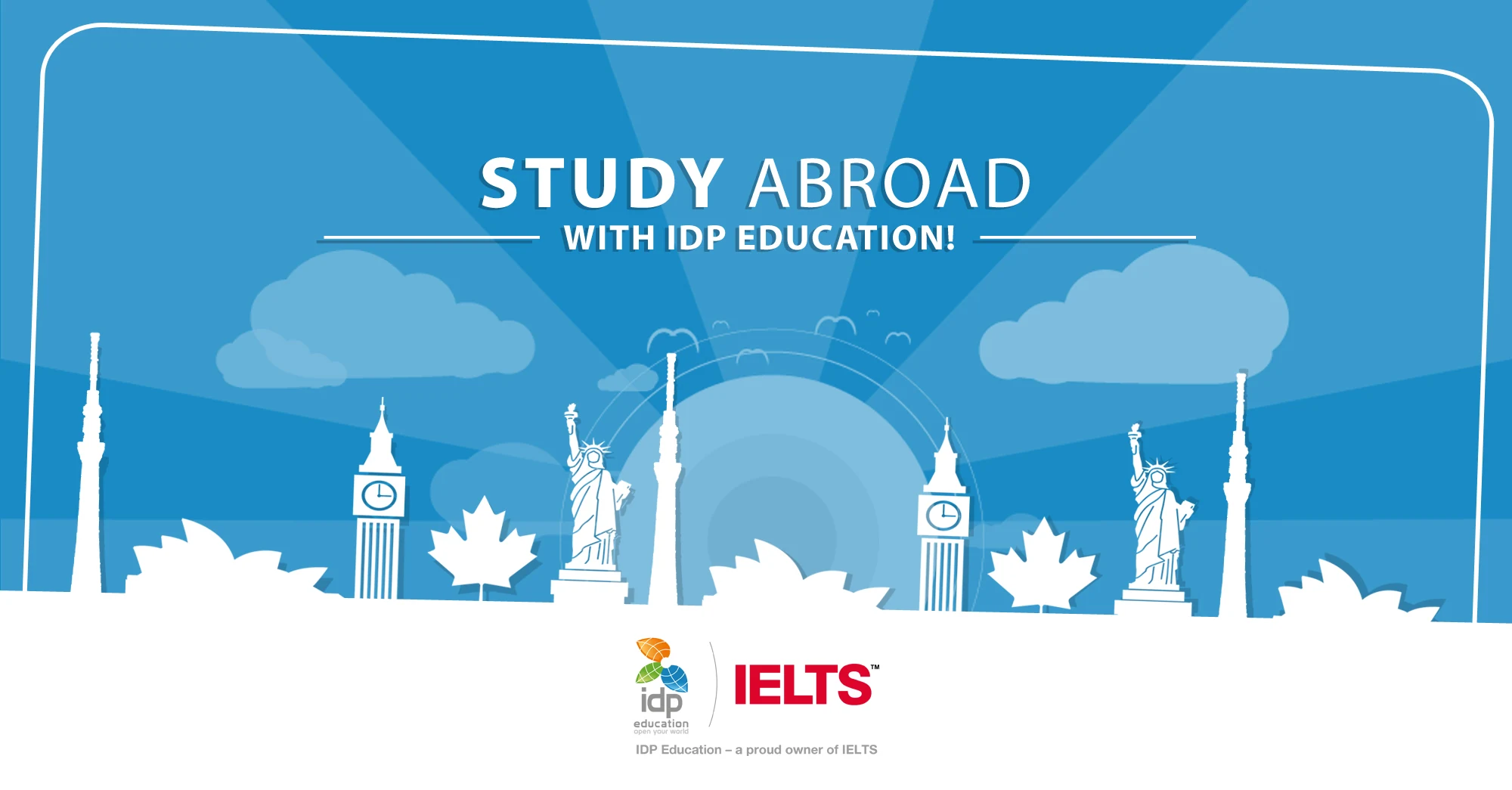 IDP Education study-abroad graphic with IELTS logo and landmark illustrations