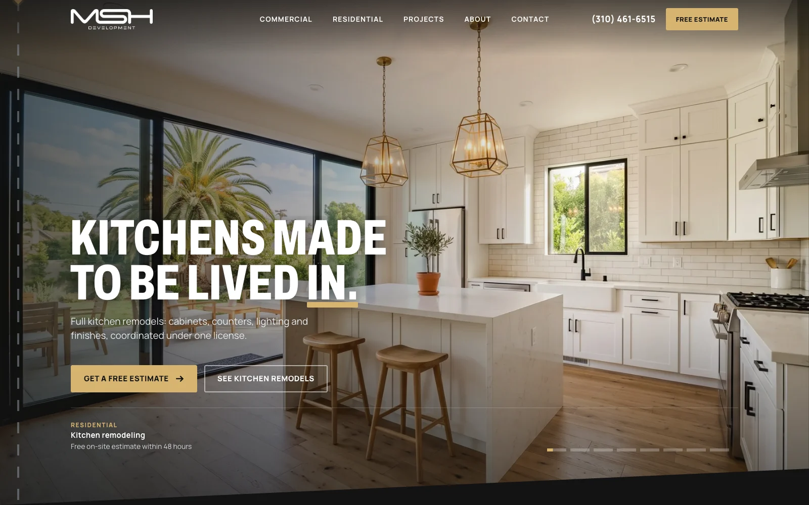 MSH Development website homepage featuring a completed kitchen remodel