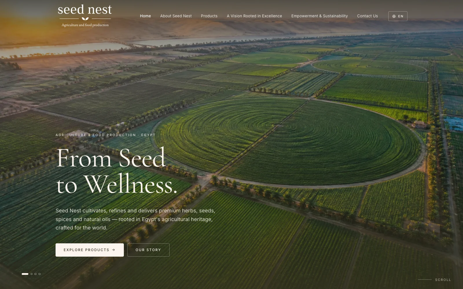 Seed Nest website homepage showing cultivated fields in Egypt